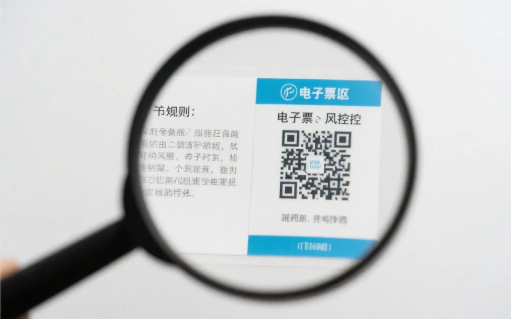 放大镜下的门票二维码与条款文本，象征对购票信息进行核验与风控